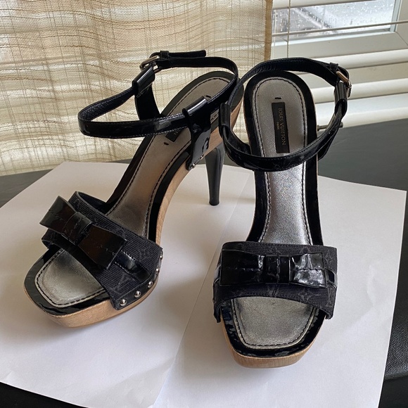 Louis Vuitton black monog mules leather heels ankle strap 37.5 sandals platform - Picture 1 of 12